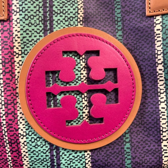 Tory Burch Striped Ella Tote Bag Leather and Coated Canvas pink LARGE LOGO - Picture 3 of 9